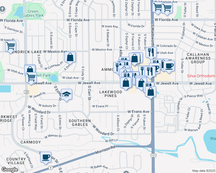 map of restaurants, bars, coffee shops, grocery stores, and more near 1889 South Balsam Street in Lakewood