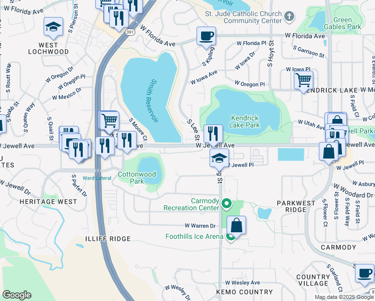 map of restaurants, bars, coffee shops, grocery stores, and more near 1849 South Lee Street in Lakewood