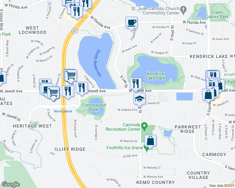 map of restaurants, bars, coffee shops, grocery stores, and more near 1849 South Lee Street in Lakewood
