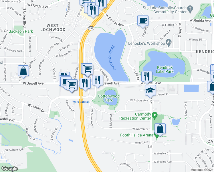 map of restaurants, bars, coffee shops, grocery stores, and more near 10555 West Jewell Avenue in Lakewood