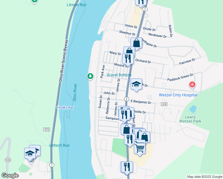 map of restaurants, bars, coffee shops, grocery stores, and more near 74 Cindy Drive in New Martinsville