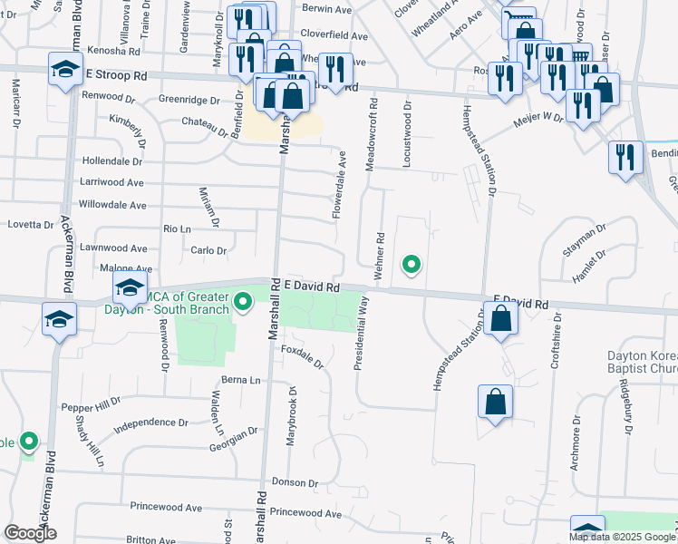 map of restaurants, bars, coffee shops, grocery stores, and more near 4367 Flowerdale Avenue in Dayton