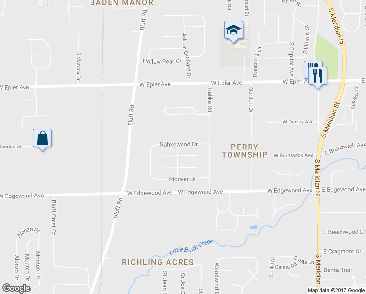 map of restaurants, bars, coffee shops, grocery stores, and more near 610 Rahkewood Drive in Indianapolis