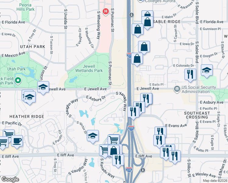 map of restaurants, bars, coffee shops, grocery stores, and more near 1960 South Xanadu Way in Aurora