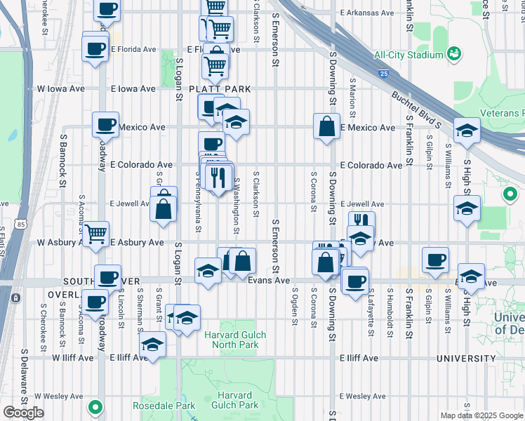 map of restaurants, bars, coffee shops, grocery stores, and more near 1885 South Emerson Street in Denver