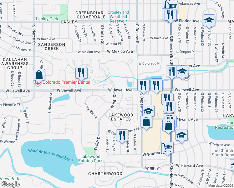 map of restaurants, bars, coffee shops, grocery stores, and more near in Lakewood