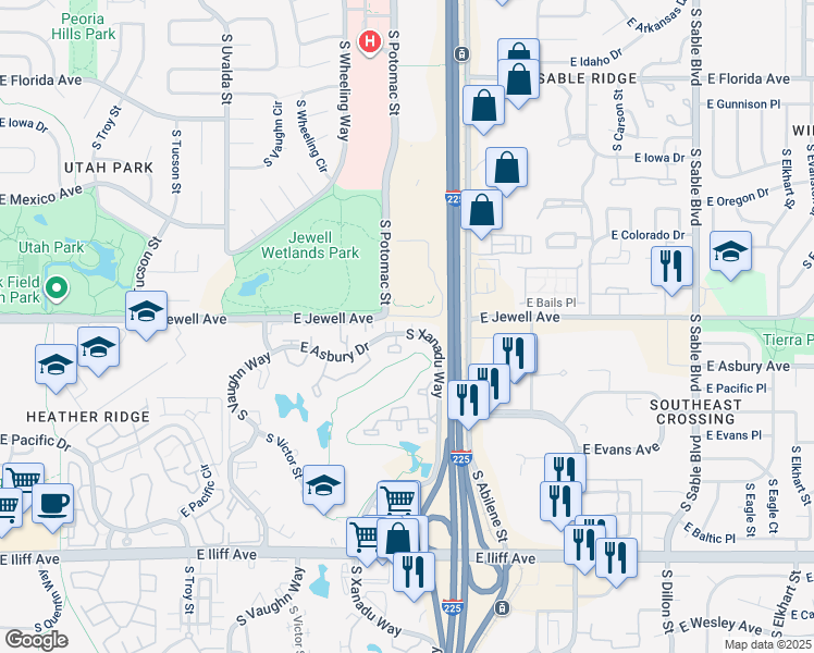 map of restaurants, bars, coffee shops, grocery stores, and more near 1960 South Xanadu Way in Aurora