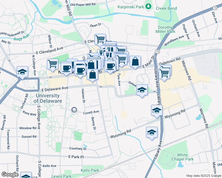 map of restaurants, bars, coffee shops, grocery stores, and more near 1 Scholar Drive in Newark
