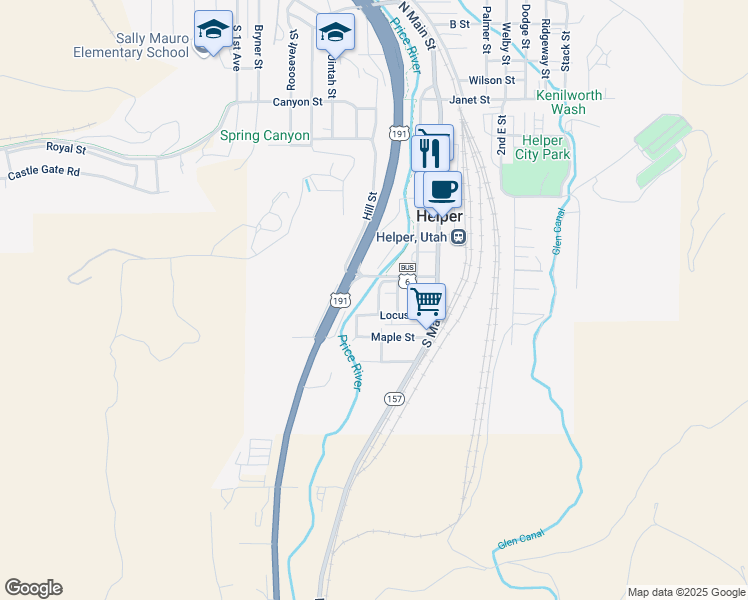 map of restaurants, bars, coffee shops, grocery stores, and more near 338 South 300 West in Helper