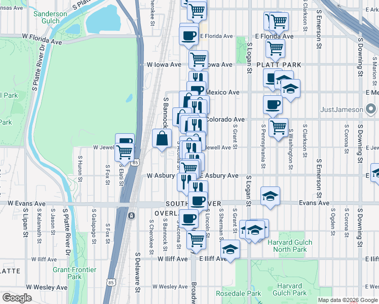 map of restaurants, bars, coffee shops, grocery stores, and more near 1877 South Broadway in Denver