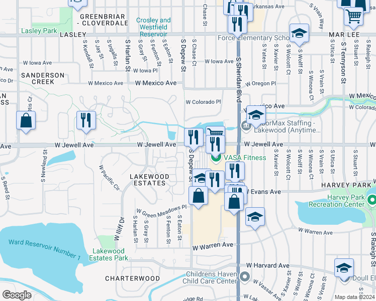 map of restaurants, bars, coffee shops, grocery stores, and more near 1915 South Depew Street in Denver