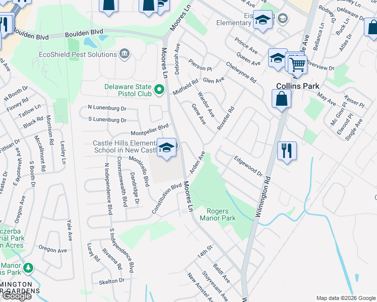 map of restaurants, bars, coffee shops, grocery stores, and more near 30 Arden Avenue in New Castle