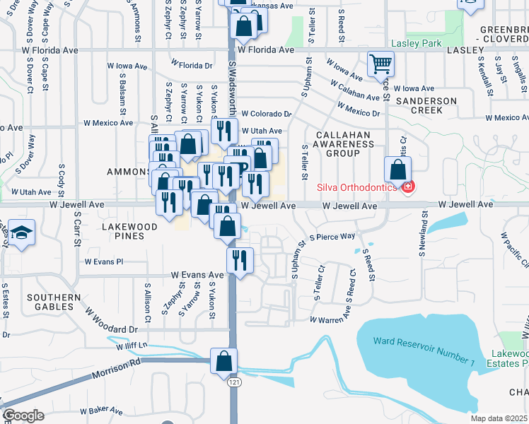 map of restaurants, bars, coffee shops, grocery stores, and more near 7387 West Jewell Avenue in Lakewood