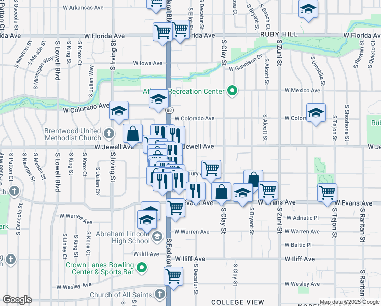 map of restaurants, bars, coffee shops, grocery stores, and more near 1915 South Decatur Street in Denver