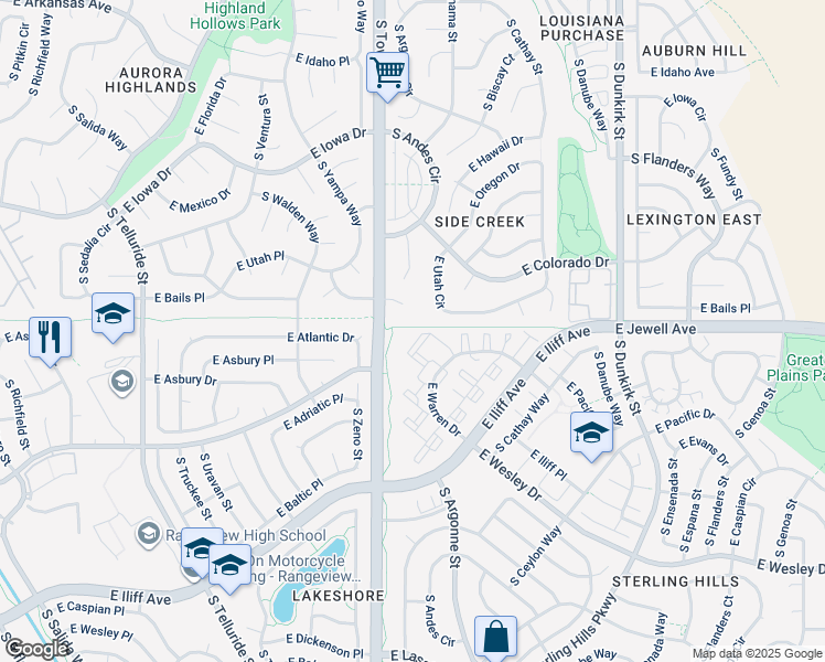 map of restaurants, bars, coffee shops, grocery stores, and more near 18784 East Utah Circle in Aurora
