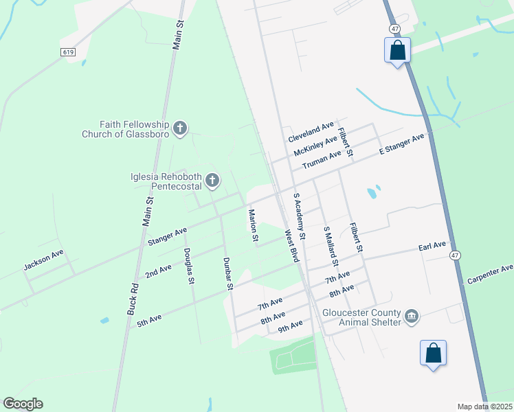 map of restaurants, bars, coffee shops, grocery stores, and more near 242 Stanger Avenue in Glassboro