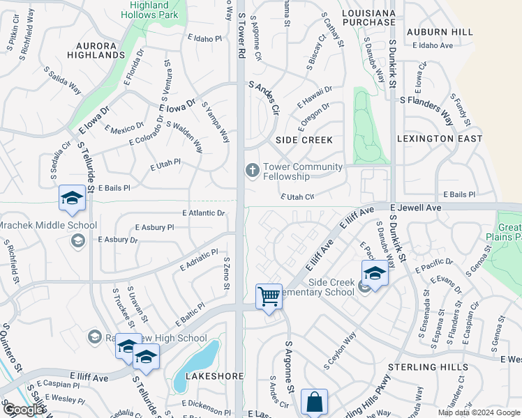map of restaurants, bars, coffee shops, grocery stores, and more near 18784 East Utah Circle in Aurora