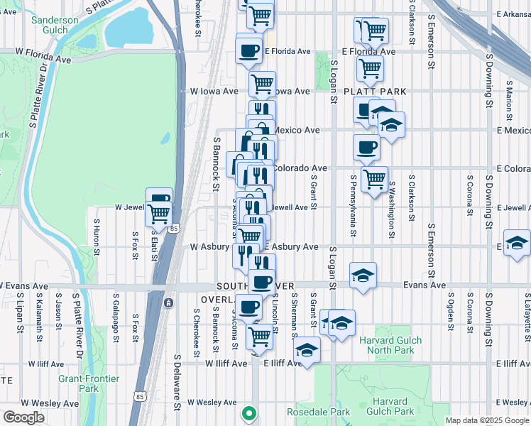 map of restaurants, bars, coffee shops, grocery stores, and more near 1881 South Lincoln Street in Denver