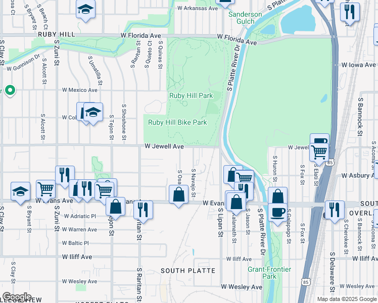 map of restaurants, bars, coffee shops, grocery stores, and more near in Denver