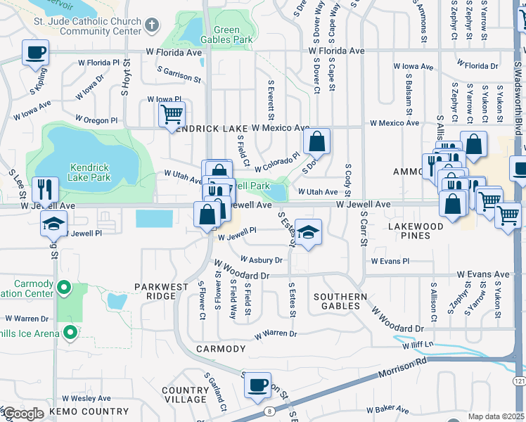 map of restaurants, bars, coffee shops, grocery stores, and more near 8983 West Jewell Avenue in Lakewood