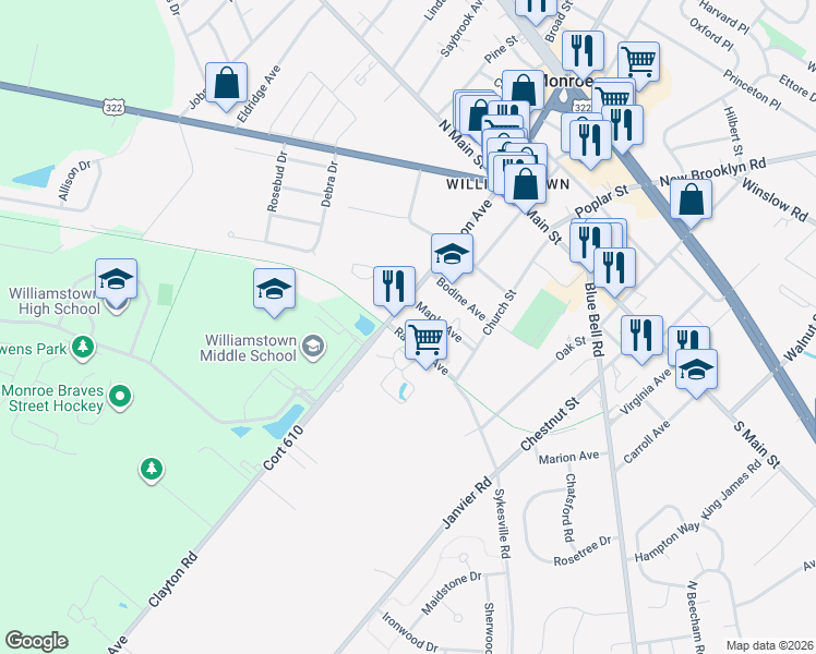 map of restaurants, bars, coffee shops, grocery stores, and more near 20 Maple Avenue in Monroe