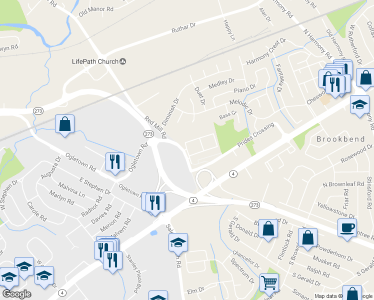 map of restaurants, bars, coffee shops, grocery stores, and more near 2 Chatham Lane in Newark