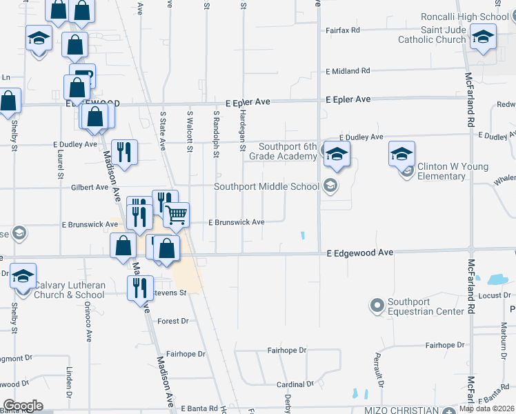 map of restaurants, bars, coffee shops, grocery stores, and more near 5815 Villa Avenue in Indianapolis