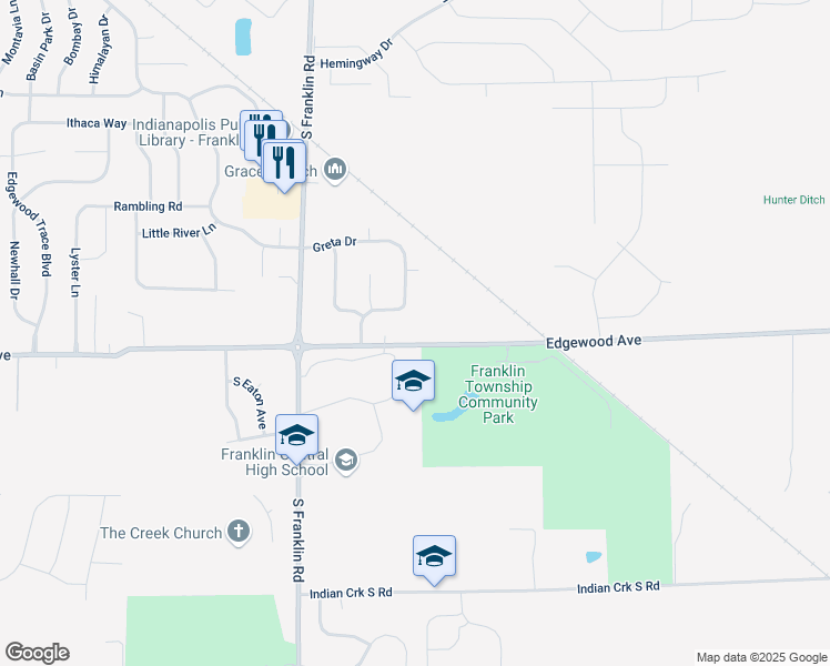 map of restaurants, bars, coffee shops, grocery stores, and more near 8636 East Edgewood Avenue in Indianapolis