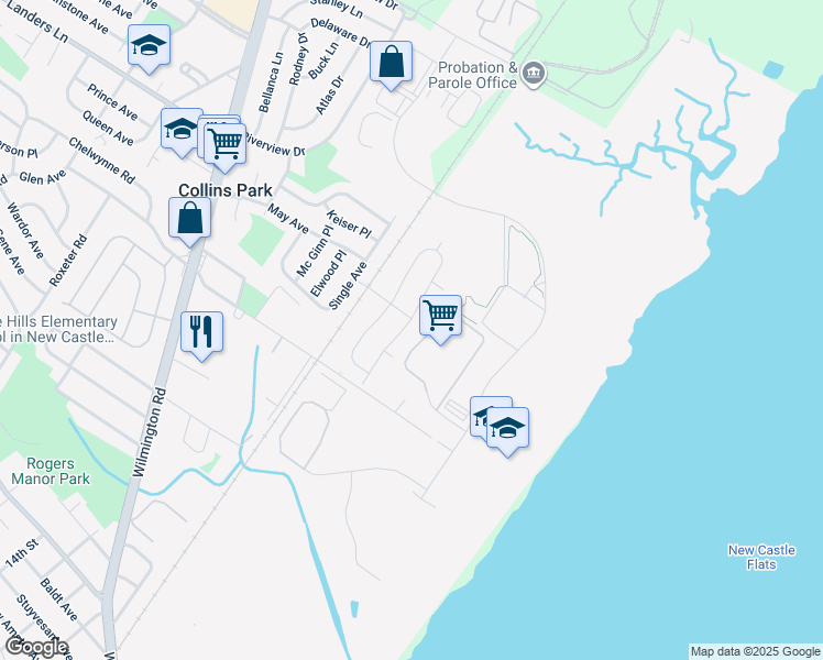 map of restaurants, bars, coffee shops, grocery stores, and more near 416 Howell Drive in New Castle