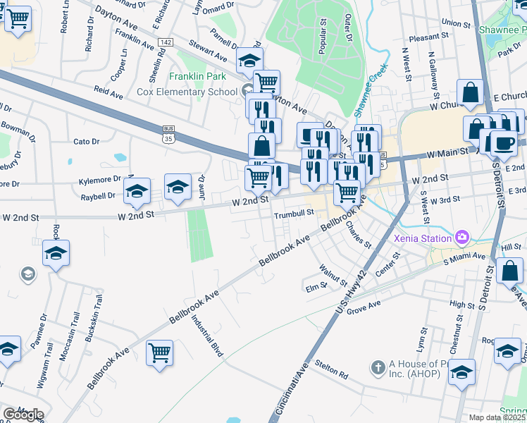 map of restaurants, bars, coffee shops, grocery stores, and more near 757 West 2nd Street in Xenia