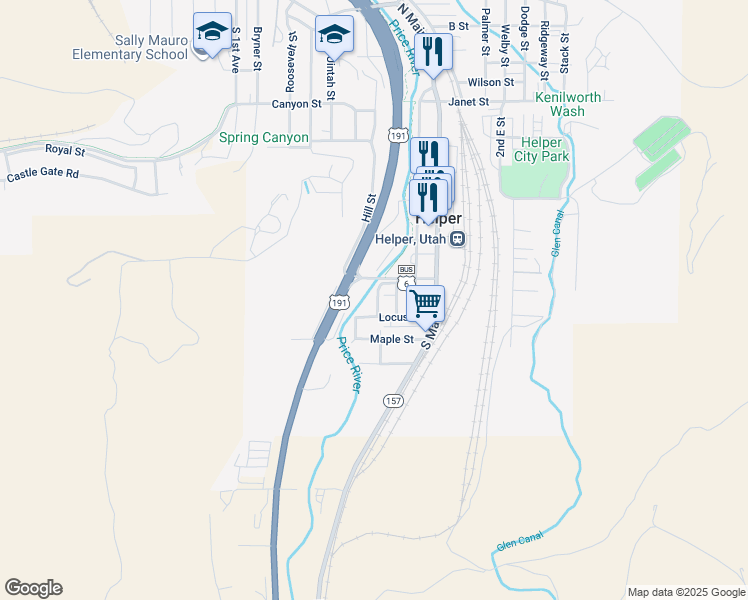 map of restaurants, bars, coffee shops, grocery stores, and more near 338 South 300 West in Helper