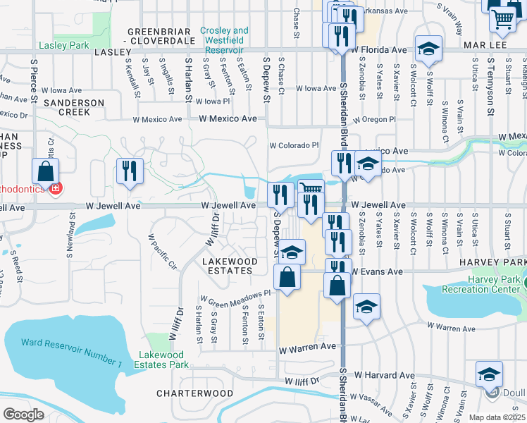 map of restaurants, bars, coffee shops, grocery stores, and more near 5745 West Atlantic Place in Lakewood