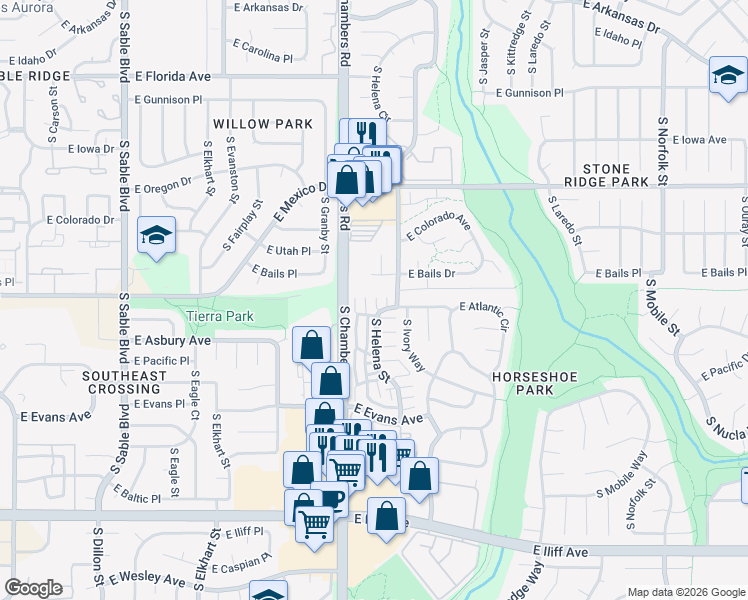 map of restaurants, bars, coffee shops, grocery stores, and more near 1907 South Helena Street in Aurora