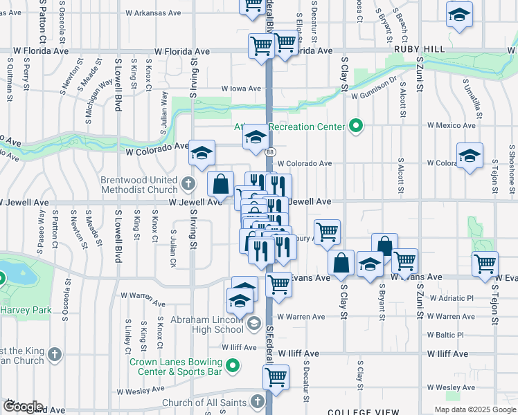 map of restaurants, bars, coffee shops, grocery stores, and more near 1895 Colorado 88 in Denver