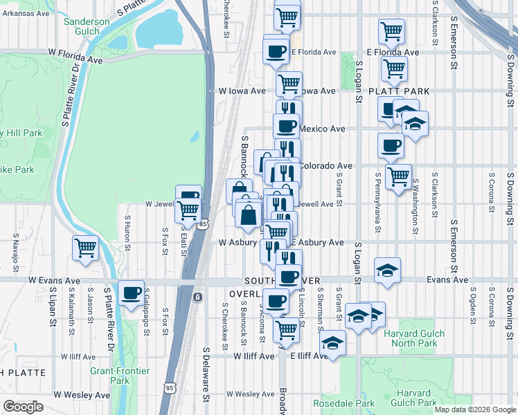 map of restaurants, bars, coffee shops, grocery stores, and more near 1933 South Acoma Street in Denver