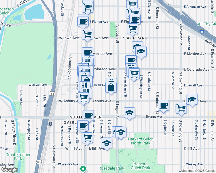 map of restaurants, bars, coffee shops, grocery stores, and more near 1880 South Sherman Street in Denver