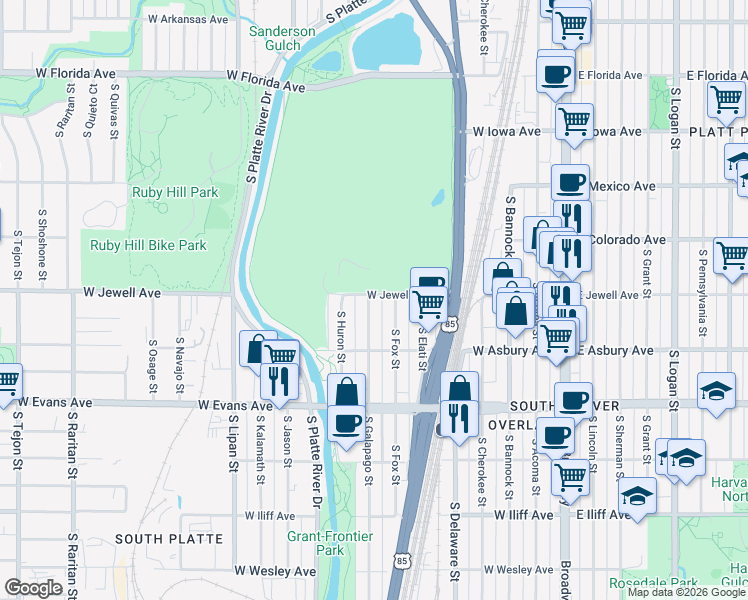 map of restaurants, bars, coffee shops, grocery stores, and more near 608 West Jewell Avenue in Denver