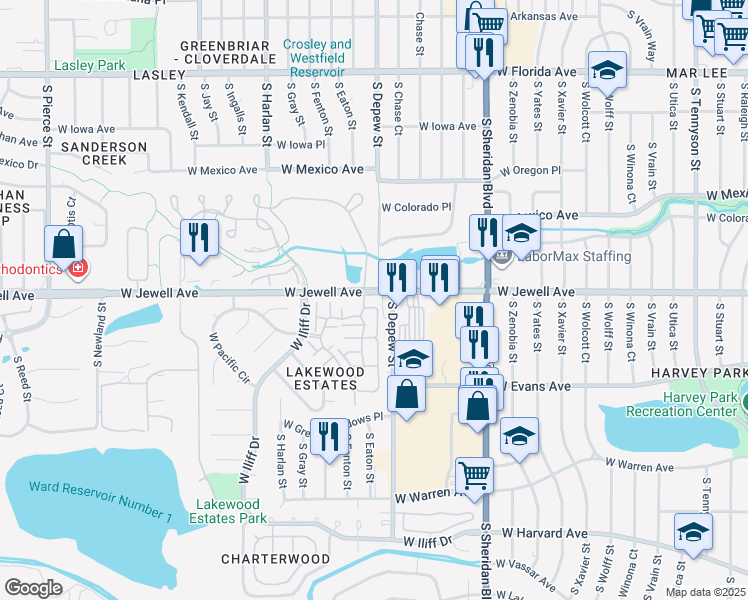 map of restaurants, bars, coffee shops, grocery stores, and more near 1896 South Manor Lane in Lakewood