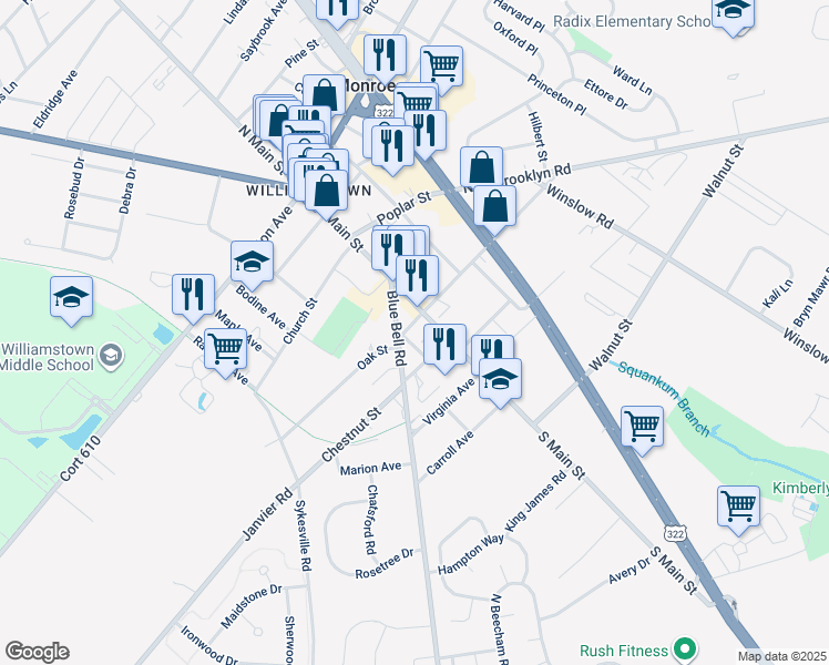 map of restaurants, bars, coffee shops, grocery stores, and more near 387 South Main Street in Monroe