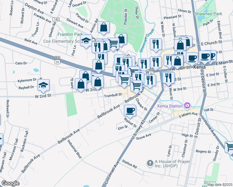 map of restaurants, bars, coffee shops, grocery stores, and more near 701 West 2nd Street in Xenia