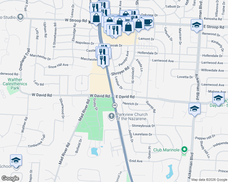 map of restaurants, bars, coffee shops, grocery stores, and more near 4444 Far Hills Avenue in Kettering