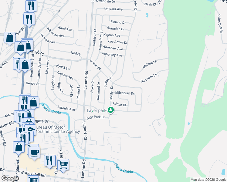 map of restaurants, bars, coffee shops, grocery stores, and more near 4786 Cordell Drive in Dayton