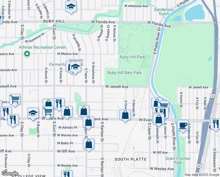 map of restaurants, bars, coffee shops, grocery stores, and more near 1782 West Jewell Avenue in Denver