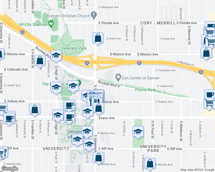 map of restaurants, bars, coffee shops, grocery stores, and more near 1902 South Josephine Street in Denver
