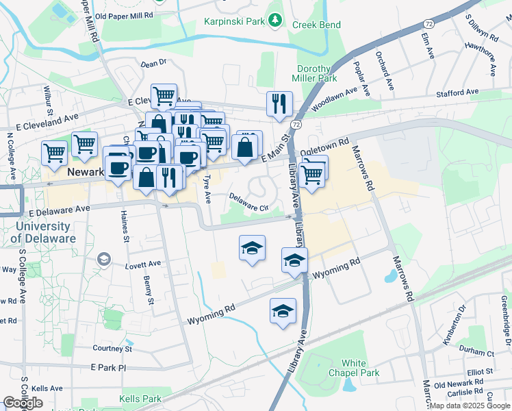 map of restaurants, bars, coffee shops, grocery stores, and more near 326 Delaware Circle in Newark