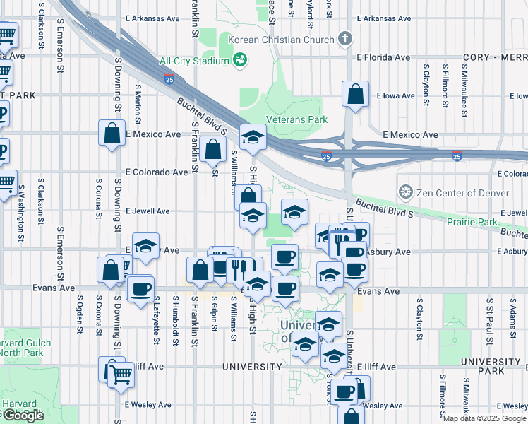 map of restaurants, bars, coffee shops, grocery stores, and more near 1870 South High Street in Denver