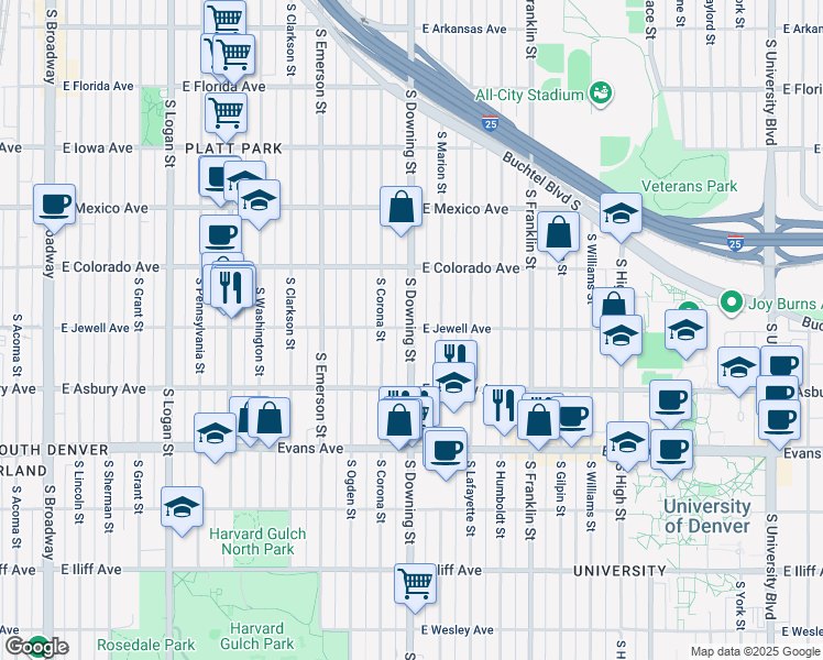 map of restaurants, bars, coffee shops, grocery stores, and more near 1874 South Downing Street in Denver