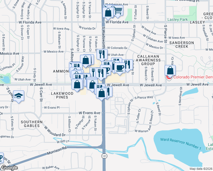 map of restaurants, bars, coffee shops, grocery stores, and more near in Lakewood