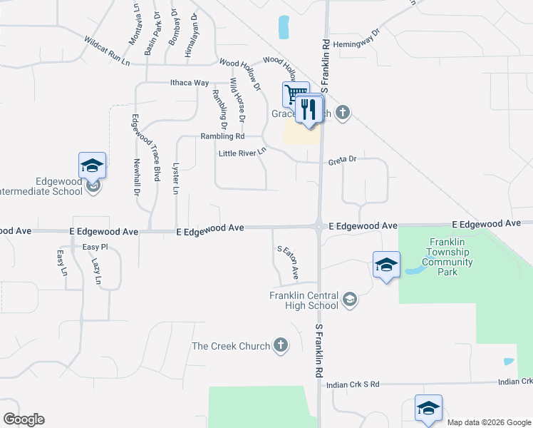 map of restaurants, bars, coffee shops, grocery stores, and more near 8146 East Edgewood Avenue in Indianapolis