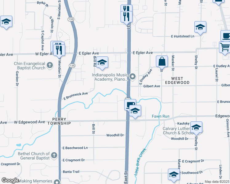 map of restaurants, bars, coffee shops, grocery stores, and more near 5800 Ransdell Street in Indianapolis